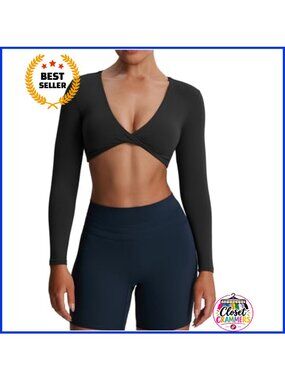 Long Sleeve Crop Top Deep V Twist Padded Sports Bra Yoga Gym